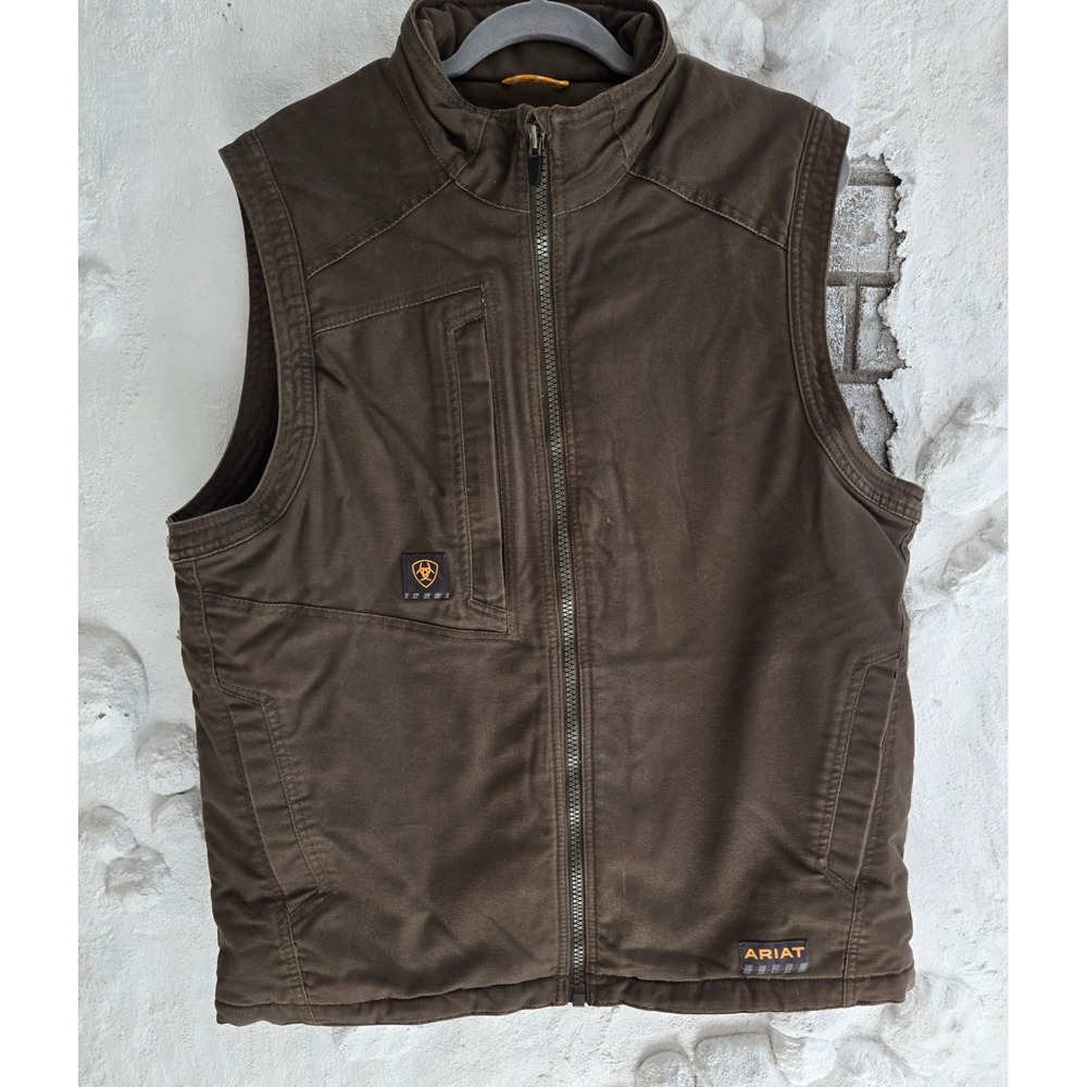 Ariat Rebar Mens Canvas Insulated Workwear Brown Vest Full Zip Utility Large
